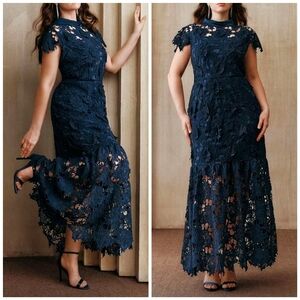 New Luxe Embroidered Sheer Floral Long Mermaid Dress PLUS Short Sleeve Navy Blue
